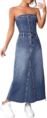 utcoco Denim Dress for Women Sexy Strapless Denim Tube Tops Back Smocked Jean Dresses for Women 2025 in Saudi Arabia