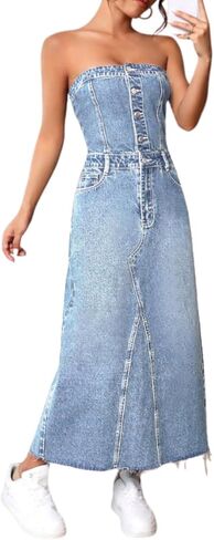utcoco Denim Dress for Women Sexy Strapless Denim Tube Tops Back Smocked Jean Dresses for Women 2025 in Saudi Arabia
