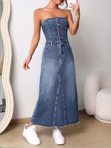 utcoco Denim Dress for Women Sexy Strapless Denim Tube Tops Back Smocked Jean Dresses for Women 2025 in Saudi Arabia