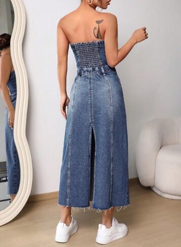 utcoco Denim Dress for Women Sexy Strapless Denim Tube Tops Back Smocked Jean Dresses for Women 2025 in Saudi Arabia