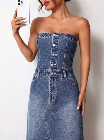 utcoco Denim Dress for Women Sexy Strapless Denim Tube Tops Back Smocked Jean Dresses for Women 2025 in Saudi Arabia