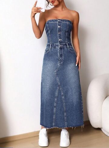 utcoco Denim Dress for Women Sexy Strapless Denim Tube Tops Back Smocked Jean Dresses for Women 2025 in Saudi Arabia