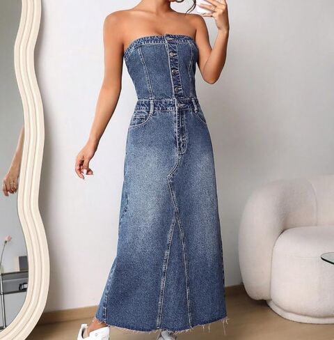 utcoco Denim Dress for Women Sexy Strapless Denim Tube Tops Back Smocked Jean Dresses for Women 2025 in Saudi Arabia