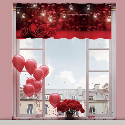 DOTOOMA 54x18 Inches Red Valentine's Day Window Treatment Valance Heart Glitter Luminous Bokeh Holiday Party Kitchen Dining Room Polyester Fabric Decorations Supplies in Saudi Arabia