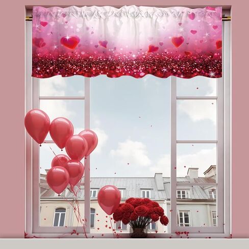 DOTOOMA 54x18 Inches Red Valentine's Day Window Treatment Valance Heart Glitter Luminous Bokeh Holiday Party Kitchen Dining Room Polyester Fabric Decorations Supplies in Saudi Arabia
