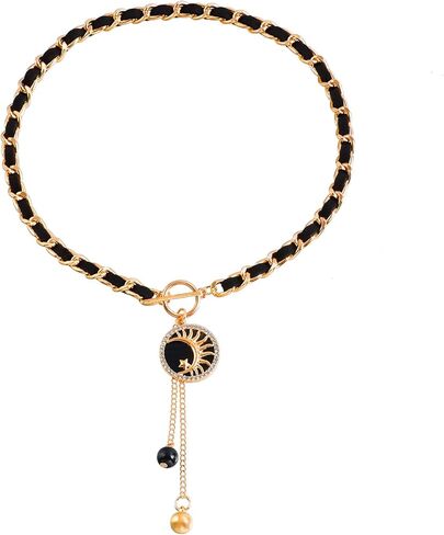 PLOUTOS Black Leather Woven Chain Choker Necklace For Women With Gold Toggle Hanging Enamel Star Pendant Featuring Delicate Drop Charms Fashion Jewelry in Saudi Arabia