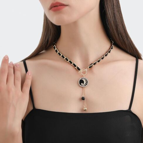 PLOUTOS Black Leather Woven Chain Choker Necklace For Women With Gold Toggle Hanging Enamel Star Pendant Featuring Delicate Drop Charms Fashion Jewelry in Saudi Arabia