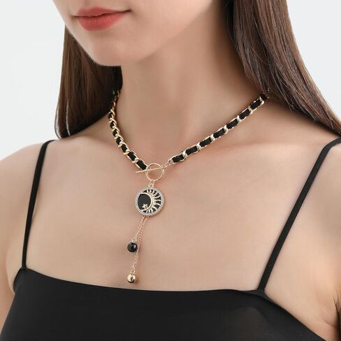 PLOUTOS Black Leather Woven Chain Choker Necklace For Women With Gold Toggle Hanging Enamel Star Pendant Featuring Delicate Drop Charms Fashion Jewelry in Saudi Arabia