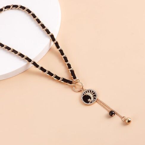 PLOUTOS Black Leather Woven Chain Choker Necklace For Women With Gold Toggle Hanging Enamel Star Pendant Featuring Delicate Drop Charms Fashion Jewelry in Saudi Arabia