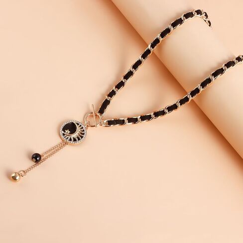 PLOUTOS Black Leather Woven Chain Choker Necklace For Women With Gold Toggle Hanging Enamel Star Pendant Featuring Delicate Drop Charms Fashion Jewelry in Saudi Arabia