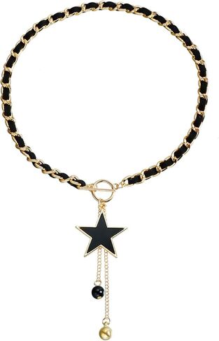 PLOUTOS Black Leather Woven Chain Choker Necklace For Women With Gold Toggle Hanging Enamel Star Pendant Featuring Delicate Drop Charms Fashion Jewelry in Saudi Arabia