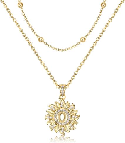 MEIITRUE Sunflower Initial Necklace for Women Trendy,14k Gold Plated Dainty Layered Letter Pendant Necklaces and Bead Chain Zirconia Round Flower Alphabets Jewelry Gifts for Her in Saudi Arabia
