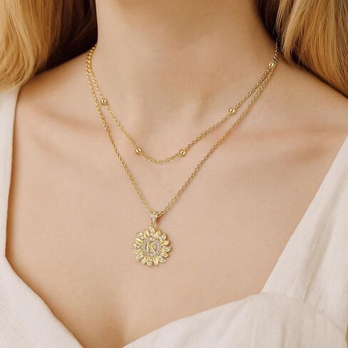 MEIITRUE Sunflower Initial Necklace for Women Trendy,14k Gold Plated Dainty Layered Letter Pendant Necklaces and Bead Chain Zirconia Round Flower Alphabets Jewelry Gifts for Her in Saudi Arabia