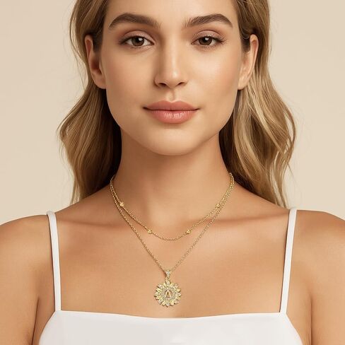 MEIITRUE Sunflower Initial Necklace for Women Trendy,14k Gold Plated Dainty Layered Letter Pendant Necklaces and Bead Chain Zirconia Round Flower Alphabets Jewelry Gifts for Her in Saudi Arabia