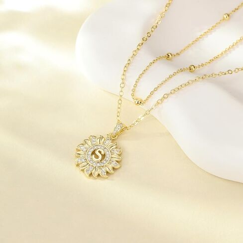 MEIITRUE Sunflower Initial Necklace for Women Trendy,14k Gold Plated Dainty Layered Letter Pendant Necklaces and Bead Chain Zirconia Round Flower Alphabets Jewelry Gifts for Her in Saudi Arabia