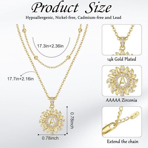 MEIITRUE Sunflower Initial Necklace for Women Trendy,14k Gold Plated Dainty Layered Letter Pendant Necklaces and Bead Chain Zirconia Round Flower Alphabets Jewelry Gifts for Her in Saudi Arabia