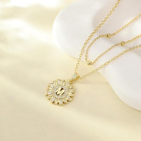 MEIITRUE Sunflower Initial Necklace for Women Trendy,14k Gold Plated Dainty Layered Letter Pendant Necklaces and Bead Chain Zirconia Round Flower Alphabets Jewelry Gifts for Her in Saudi Arabia