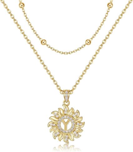 MEIITRUE Sunflower Initial Necklace for Women Trendy,14k Gold Plated Dainty Layered Letter Pendant Necklaces and Bead Chain Zirconia Round Flower Alphabets Jewelry Gifts for Her in Saudi Arabia