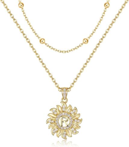 MEIITRUE Sunflower Initial Necklace for Women Trendy,14k Gold Plated Dainty Layered Letter Pendant Necklaces and Bead Chain Zirconia Round Flower Alphabets Jewelry Gifts for Her in Saudi Arabia