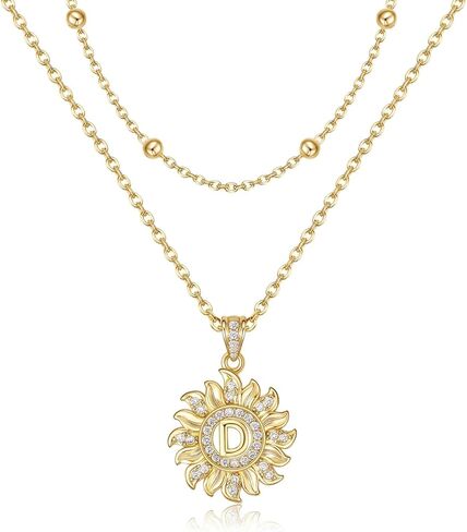 MEIITRUE Sunflower Initial Necklace for Women Trendy,14k Gold Plated Dainty Layered Letter Pendant Necklaces and Bead Chain Zirconia Round Flower Alphabets Jewelry Gifts for Her in Saudi Arabia