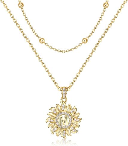 MEIITRUE Sunflower Initial Necklace for Women Trendy,14k Gold Plated Dainty Layered Letter Pendant Necklaces and Bead Chain Zirconia Round Flower Alphabets Jewelry Gifts for Her in Saudi Arabia