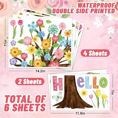 Whaline 6 Sheets Spring Floral Tree Window Cling Stickers Watercolor Gnome Tulip Flower Butterfly Window Decals Large Reusable Window Decoration for Party Home Office Classroom in Saudi Arabia