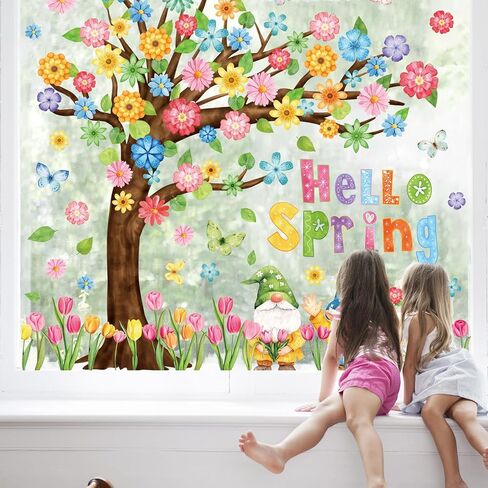 Whaline 6 Sheets Spring Floral Tree Window Cling Stickers Watercolor Gnome Tulip Flower Butterfly Window Decals Large Reusable Window Decoration for Party Home Office Classroom in Saudi Arabia