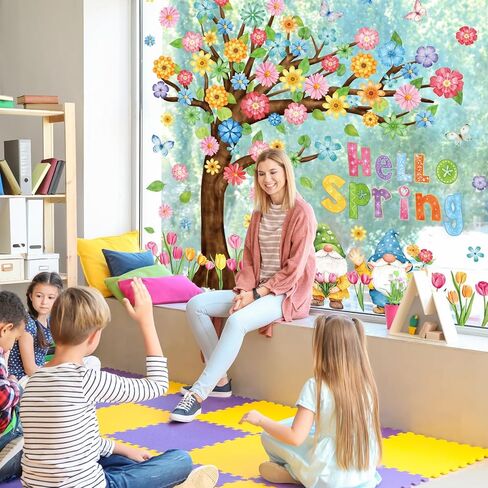 Whaline 6 Sheets Spring Floral Tree Window Cling Stickers Watercolor Gnome Tulip Flower Butterfly Window Decals Large Reusable Window Decoration for Party Home Office Classroom in Saudi Arabia