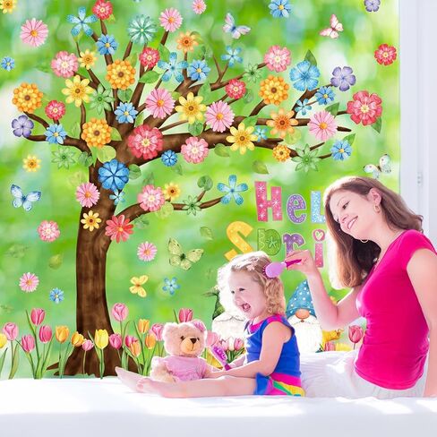 Whaline 6 Sheets Spring Floral Tree Window Cling Stickers Watercolor Gnome Tulip Flower Butterfly Window Decals Large Reusable Window Decoration for Party Home Office Classroom in Saudi Arabia