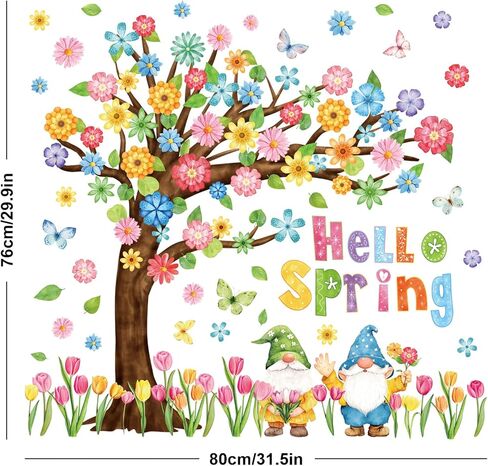 Whaline 6 Sheets Spring Floral Tree Window Cling Stickers Watercolor Gnome Tulip Flower Butterfly Window Decals Large Reusable Window Decoration for Party Home Office Classroom in Saudi Arabia