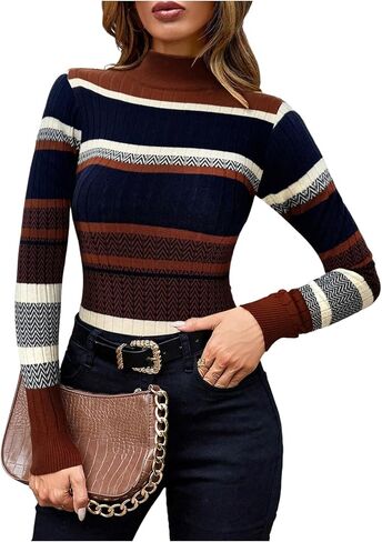 RoseSeek Women's Striped Ribbed Knit Sweaters Mock Neck Long Sleeve Pullover Jumpers in Saudi Arabia