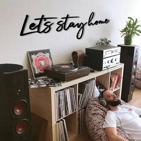Let's Stay Home لافتة معدنية لتزيين جدار غرفة النوم، فن معلق على شكل رسائل للمنزل، فن جدار المزرعة لغرفة النوم والشقة والمكتب وديكور الفندق، أسود in Saudi Arabia