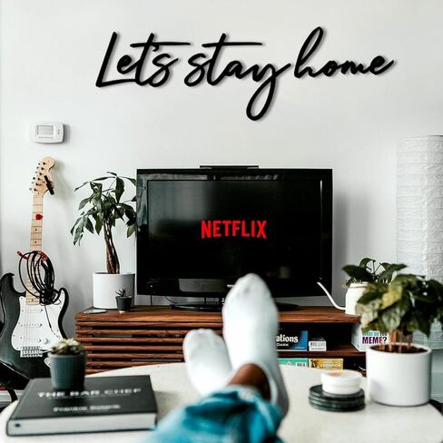 Let's Stay Home لافتة معدنية لتزيين جدار غرفة النوم، فن معلق على شكل رسائل للمنزل، فن جدار المزرعة لغرفة النوم والشقة والمكتب وديكور الفندق، أسود in Saudi Arabia