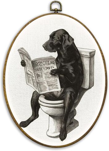 CUANFDDSF Vintage Black Labrador Funny Bathroom Oval Wall Art Decor, Black Lab Gifts Wall Hanging Decor, Funny Lab Dog Reading on Toilet Framed Canvas Prints for Bathroom Washroom, 8.6x11.4 Inch in Kuwait