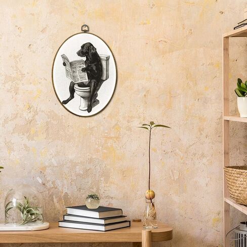 CUANFDDSF Vintage Black Labrador Funny Bathroom Oval Wall Art Decor, Black Lab Gifts Wall Hanging Decor, Funny Lab Dog Reading on Toilet Framed Canvas Prints for Bathroom Washroom, 8.6x11.4 Inch in Saudi Arabia