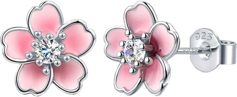 HONGRUI 925 Sterling Silver Pink Cherry Blossom Stud Earrings for Teenage Sakura Flower Hypoallergenic Flatback Earrings For Women Jewelry Gifts in Saudi Arabia
