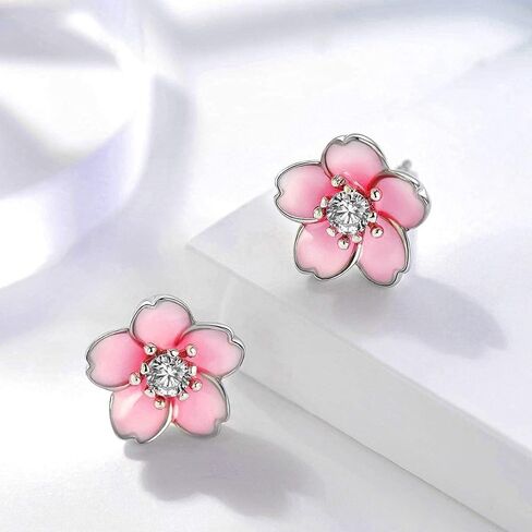 HONGRUI 925 Sterling Silver Pink Cherry Blossom Stud Earrings for Teenage Sakura Flower Hypoallergenic Flatback Earrings For Women Jewelry Gifts in Saudi Arabia
