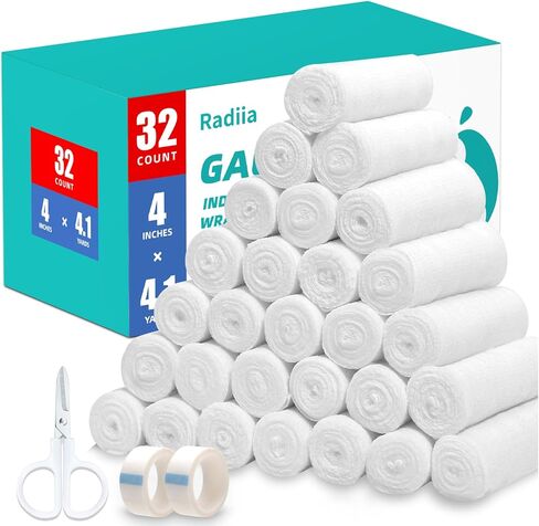 32 حزمة من لفات الشاش من Radiia، 4 بوصات × 4.1 ياردة، لفافة ضمادة مطاطية ممتازة للجروح - ملفوفة بشكل فردي، الإسعافات الأولية ولفائف المومياء، خالية من اللاتكس، مستلزمات بيطرية وطبية in Saudi Arabia