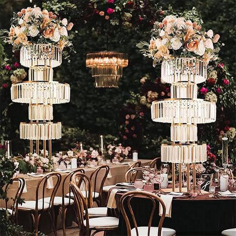 Lemoeyes Crystal Vases for Centerpieces, Flower Stand with Hanging Crystals, 43.3" Gold Wedding Vase, 5 Tier Round Chandelier Pedestal Stand for Wedding Stage Flower Arrangement Decor (Gold, 1PC) in Saudi Arabia