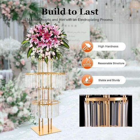 Lemoeyes Crystal Vases for Centerpieces, Flower Stand with Hanging Crystals, 43.3" Gold Wedding Vase, 5 Tier Round Chandelier Pedestal Stand for Wedding Stage Flower Arrangement Decor (Gold, 1PC) in Saudi Arabia