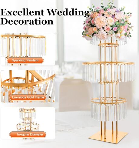 Lemoeyes Crystal Vases for Centerpieces, Flower Stand with Hanging Crystals, 43.3" Gold Wedding Vase, 5 Tier Round Chandelier Pedestal Stand for Wedding Stage Flower Arrangement Decor (Gold, 1PC) in Saudi Arabia
