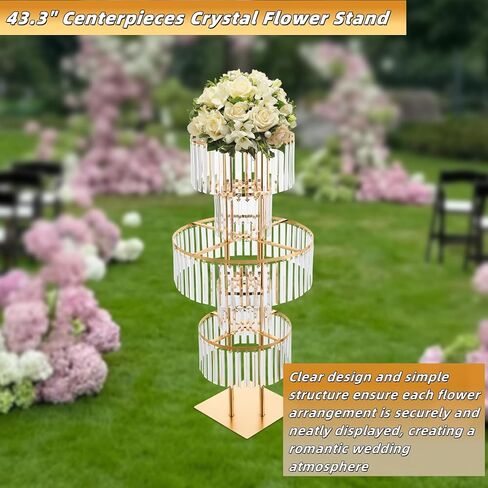 Lemoeyes Crystal Vases for Centerpieces, Flower Stand with Hanging Crystals, 43.3" Gold Wedding Vase, 5 Tier Round Chandelier Pedestal Stand for Wedding Stage Flower Arrangement Decor (Gold, 1PC) in Saudi Arabia