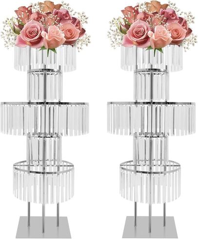 Lemoeyes Crystal Vases for Centerpieces, Flower Stand with Hanging Crystals, 43.3" Gold Wedding Vase, 5 Tier Round Chandelier Pedestal Stand for Wedding Stage Flower Arrangement Decor (Gold, 1PC) in Saudi Arabia