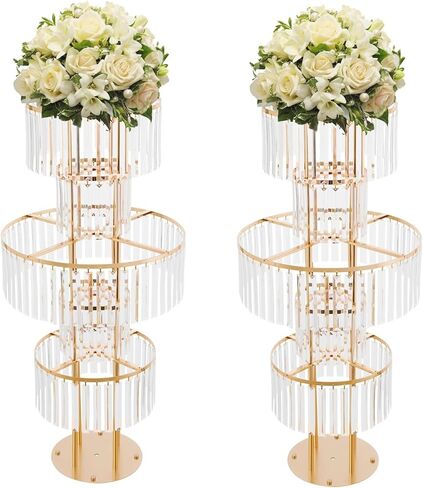 Lemoeyes Crystal Vases for Centerpieces, Flower Stand with Hanging Crystals, 43.3" Gold Wedding Vase, 5 Tier Round Chandelier Pedestal Stand for Wedding Stage Flower Arrangement Decor (Gold, 1PC) in Saudi Arabia