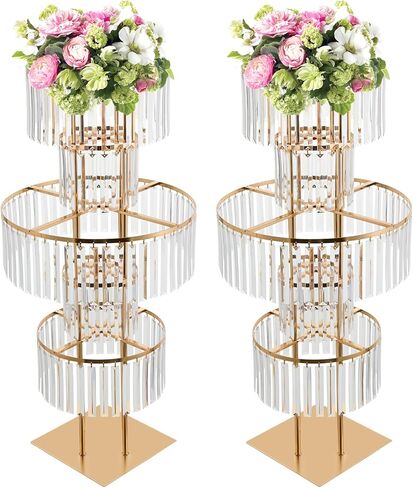 Lemoeyes Crystal Vases for Centerpieces, Flower Stand with Hanging Crystals, 43.3" Gold Wedding Vase, 5 Tier Round Chandelier Pedestal Stand for Wedding Stage Flower Arrangement Decor (Gold, 1PC) in Saudi Arabia