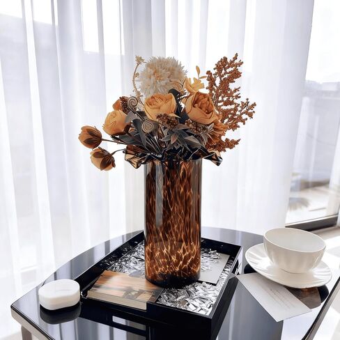 Large Leopard Amber Glass Vase, Luxe 11.8" Brown Decorative Centerpiece, Translucent Vintage Tortoise Shell Vase for Pampas Grass, Boho Modern Farmhouse Home Decor in Saudi Arabia