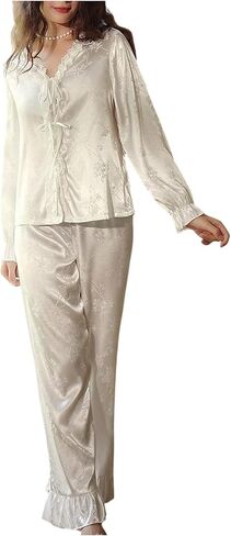 SHENHE Women's Satin Pajama Set 2 Piece Tie Front Long Sleeve Top Ruffle Pants Silky Loungewear in Saudi Arabia