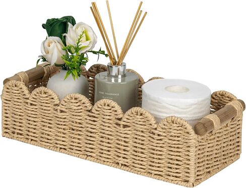 Cubeesland Paper Rope Small Starch Bin Idea للتخزين والتنظيم المنزلي ، وسلة ورق تواليت أنيقة وصنع يدويًا مع مقبض خشبي لأرفف أعلى خزان المرحاض ، سلة بنية حافة الأسقلوب in Kuwait