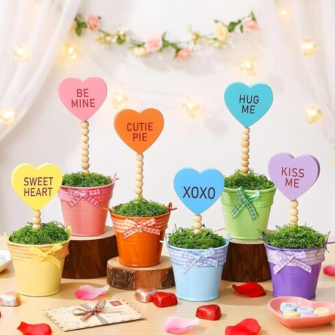 Thyle 6 Pcs Valentines Day Conversation Heart Decor Mini Potted Wooden Sign Set Candy Heart Plant Pot Valentines Day Tabletop Centerpiece Tiered Tray Decor Home Gifts for Lover Family Friend Colleague in Saudi Arabia