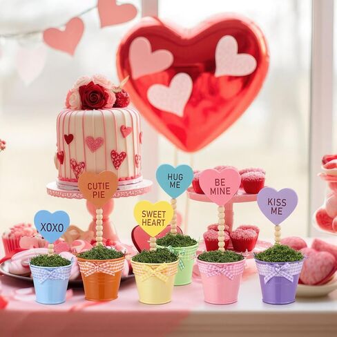 Thyle 6 Pcs Valentines Day Conversation Heart Decor Mini Potted Wooden Sign Set Candy Heart Plant Pot Valentines Day Tabletop Centerpiece Tiered Tray Decor Home Gifts for Lover Family Friend Colleague in Saudi Arabia